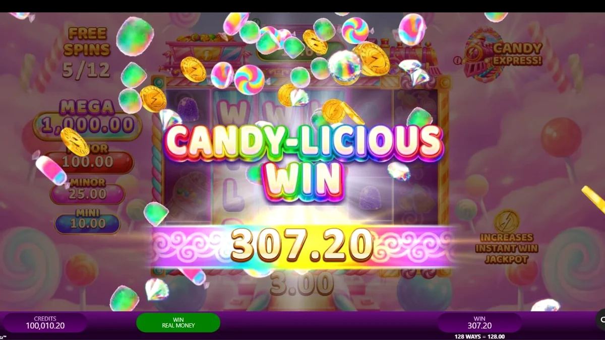 Candy Express Gold Blitz slot machine interface featuring colorful candy graphics and a train theme.