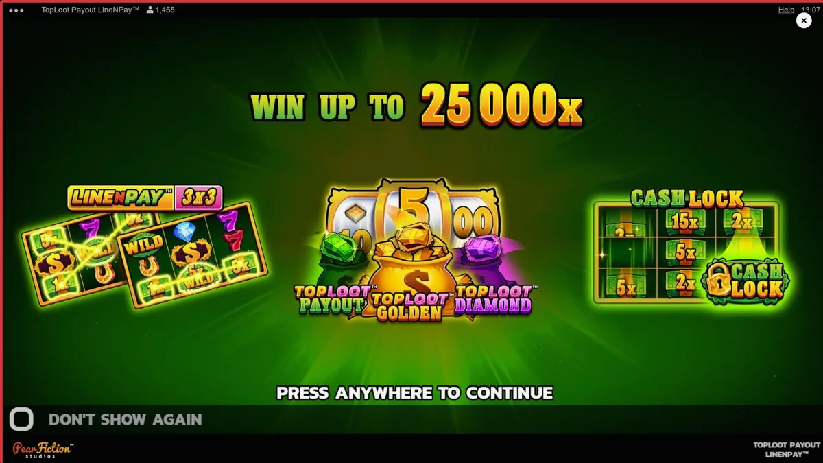 TopLoot Payout LineNPay سلاٹ گیم کا ایک منظر جس میں خزانے اور جواہرات نظر آ رہے ہیں۔